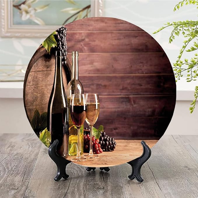 Decorative Plates, Wine Print Ornament, Rustic Viticulture Concept, 10 Inch, Kitchen Wall Decor, Brown Green Light Brown