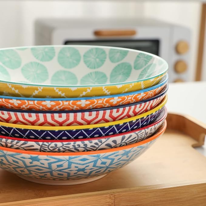 Selamica Ceramic 30oz Large Pasta Salad Bowls 8 Inch Wide and Shallow Soup Bowls, Stackable, Microwave and Oven Safe, Set Of 6, Assorted Colors