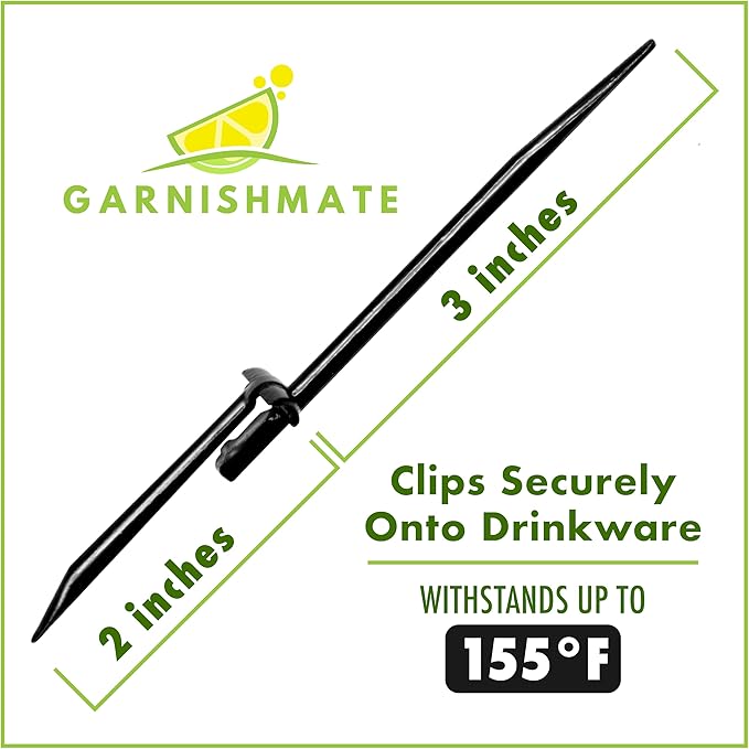 Garnishmate PACK OF 60 Clip On Garnish Holder Pick Cocktail Accessory for Entertaining Drinks and Charcuterie Boards for Home Bar Cart or Bartender Kit for Cocktails Accessories w/Rounded Tip, Black
