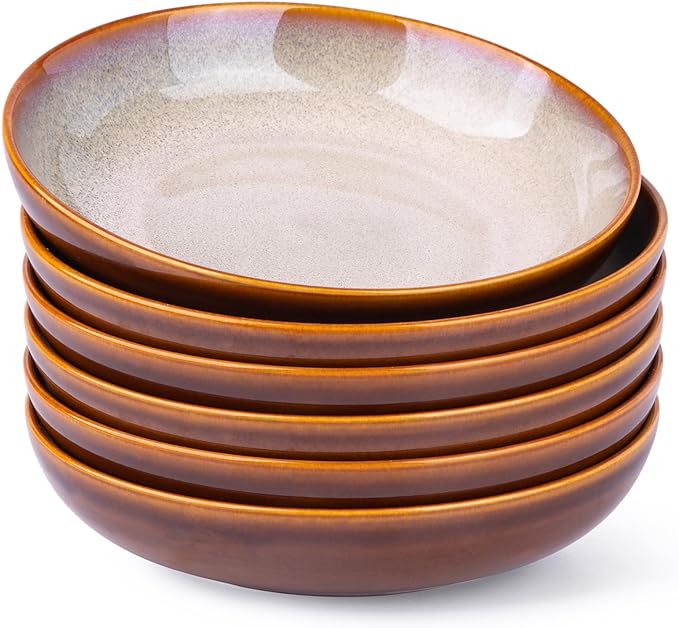 LERATIO Large Pasta Bowls,38oz Ceramic Pasta Bowls,9.0" Reactive Glaze Pasta Bowl Set of 6,Microwave & Dishwasher,Oven Safe,Wide Serving Bowls for Salad,Pasta,Fruit,Scratch Resistant-Khaki
