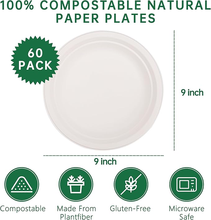 DaYammi 100% Compostable Paper Plates 9 Inch, 60-Pack Heavy Duty Paper Plates Bulk,Biodegradable Bagasse,Eco-Friendly Disposable Dinner Plate for BBQ,Picnic,Party (BPI Certified,Microwaveable)