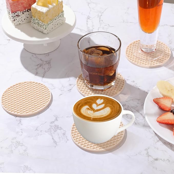 Silicone Coaster Set of 12 with Holder, Drinks Coasters, Beer & Coffee, Suitable for All Cups, Hot or Cold, Anti-Slip, Non-Stick, Anti-Overflow Tabletop Protection and Decor (12 Pcs, Tapioca)