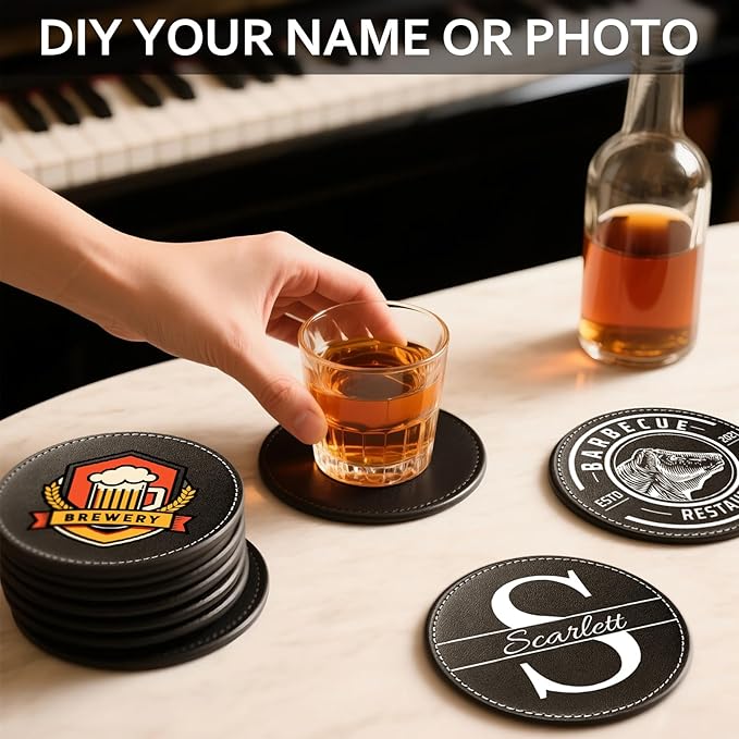 Custom Personalized Leather Coasters - Set of 6 | DIY Name, Photo, or Logo Coasters for Coffee Table, Bar, Beer, Wine | Ideal Housewarming Gift, Black