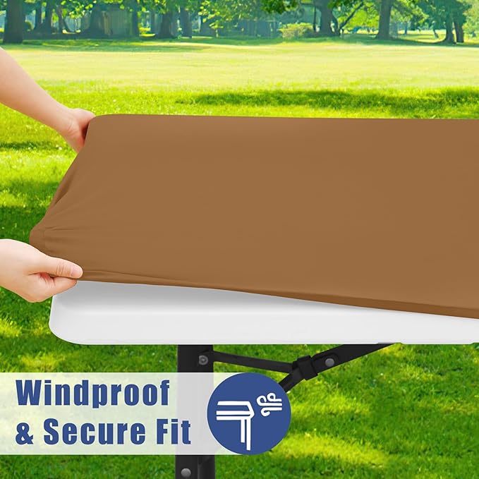 Spandex 4 Foot Rectangle Table Cloth 2 Pack, Elastic Fitted Tablecloths for Picnic, Stretch Washable Patio Table Cover for Outdoor, Camping, Banquet and Parties (Brown, 30"x48")