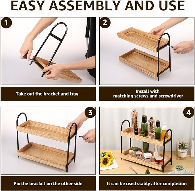Wood 2 Tier Countertop Organiser, Bathroom Kitchen Counter Shelf Rack Caddy Tray, Small Wood Organization Shelves, Perfume Makeup Counter, Countertop Skincare Display Shelf for Sink Coffee Bar
