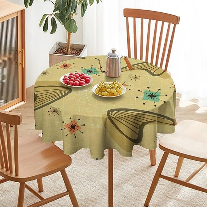 Mid Century Round Tablecloth, Retro Abstract Atomic Boho Geometric Art Printed Tablecloth for Home Party Dining Room Kitchen Decor 36Inch(90cm)