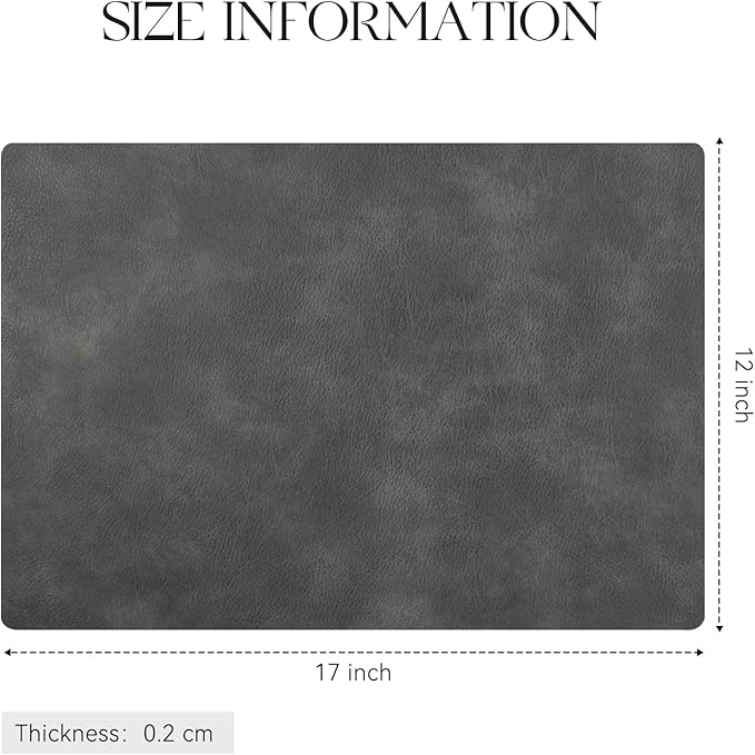 MOSAYT Vinyl Placemats Set of 4-12 X 17 Inch - Faux Leather 100% Waterproof Oil-Proof Wipeable PU Place Mats, Heat Resistant Reversible Table Mats for Kitchen, Dining, Outdoor (Dark Grey)
