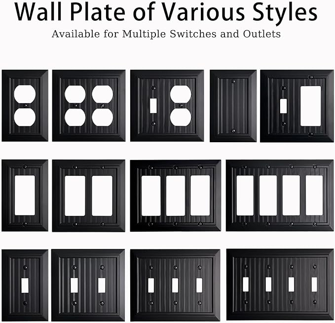 Beadboard Outlet Covers Wall Plates, Bamboo Fiber Light Switch Covers, Natural Material Electric Receptacle Decorative Switch Plate Outlet Cover Matte Black (2 Gang Decorator 2 Pack)