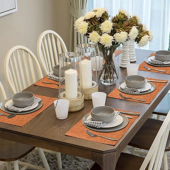 Cloth Placemats Set of 8, Linen Type Fabric Fall Placemats Table Mat, Machine Washable Rustic Place Mats Heat Resistant Placemats Wrinkle Free Thick Kitchen Place Mats for Dining Table, Orange 12"x18"