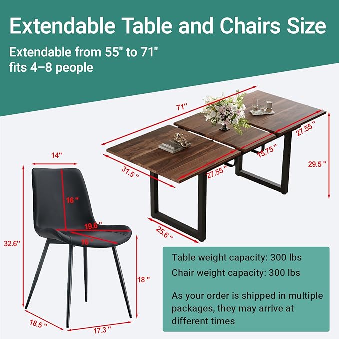 Extendable Dining Table Set for 4, 55"–71" Modern Wood Kitchen Table with 4 Upholstered Chairs, Space-Saving for Living Room Apartment, Sturdy & Comfortable, Easy Assembly