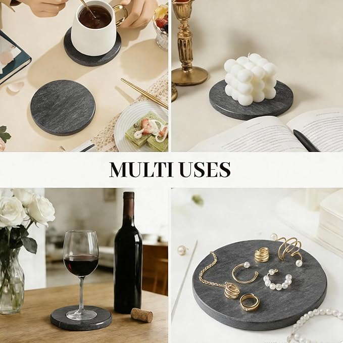 Natural Marble Coasters, Round Costers, Luxury Aesthetic Modern Decor for Coffee Table Bar Kitchen Home, Grey Marble, Real Natural Semi Absorbent Stone Coasters