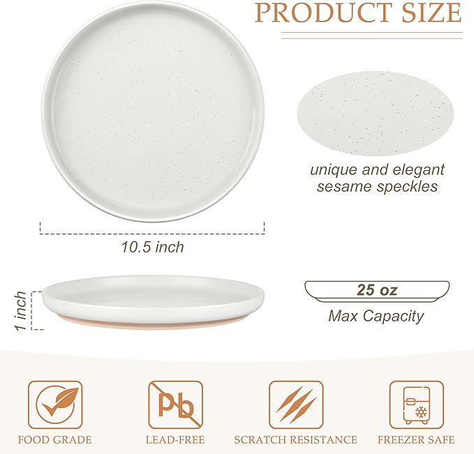 LIANYU Dinner Plates Set of 4, 10.5 Inch Large & Round Porcelain Dinner Plates, Stoneware Dishes Set for Serving Salad, Dessert, Appetizer, Oven, Microwave & Dishwasher Safe, Stackable, Four-color