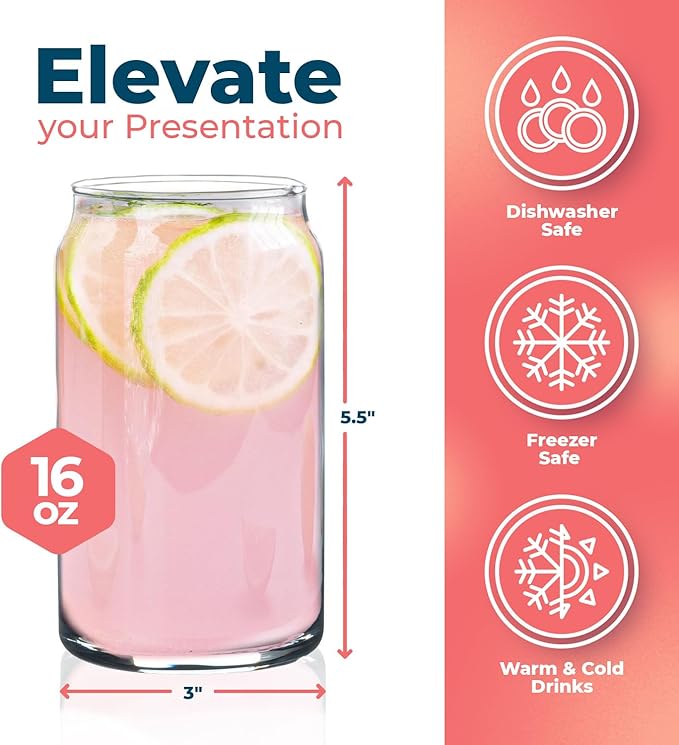 Can Shaped Drinking Glasses 16 oz - 6 Pack Beer Can Glass Cups Set, Clear Pint Beer Glasses for Soda, Water, Iced Coffee, Whiskey, Cocktails, Unique, Aesthetic Kitchen Drinkware, Dishwashable - 16oz