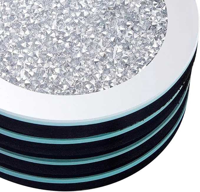 Crushed Diamond Crystal Glass Mirrored Round Coasters Set of 4 Glittering Bling Silver TRENDZY ® Drink Wine Coasters for Home Kitchen Bar & Restaurant Home Decor Birthday Wedding (Round)