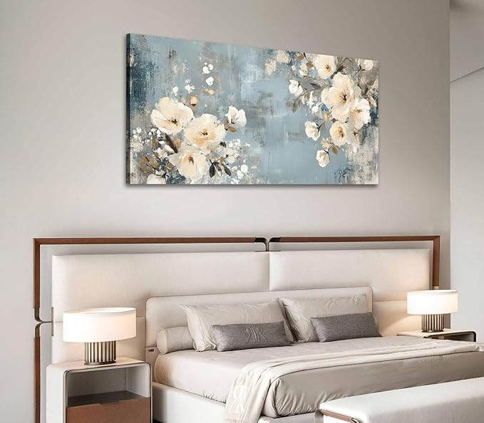 ADJUVANT Wall Art Vintage Floral 40" L x 20" W, Creamy Flowers On Distressed Blue Background Canvas Painting Blossoms Artwork Prints Floral Wall Decor for Living Room Bedroom Dining Room Home Office
