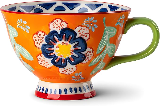 25oz Ceramic Soup Bowl with Handle – Handcrafted Floral Pottery Cereal & Ramen Bowl – Large Microwave & Dishwasher Safe Decorative Bowl for Everyday Use or Gift (Sunset Fiesta, 17oz)