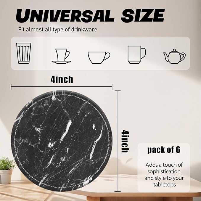 Coasters for Drinks PU Leather,Set of 6 with Holder,Round Housewarming Gift Home Decor,Black and White Marble