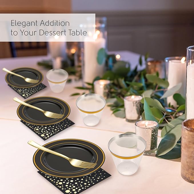 The Essential Concierge Stylish 7.5 Inch Gold and Black Cake Plates with Disposable Cups, Forks and Cocktail Napkins (100 Set of Each) - Small Appetizer Plates, Disposable Cake Plates or Salad Plate