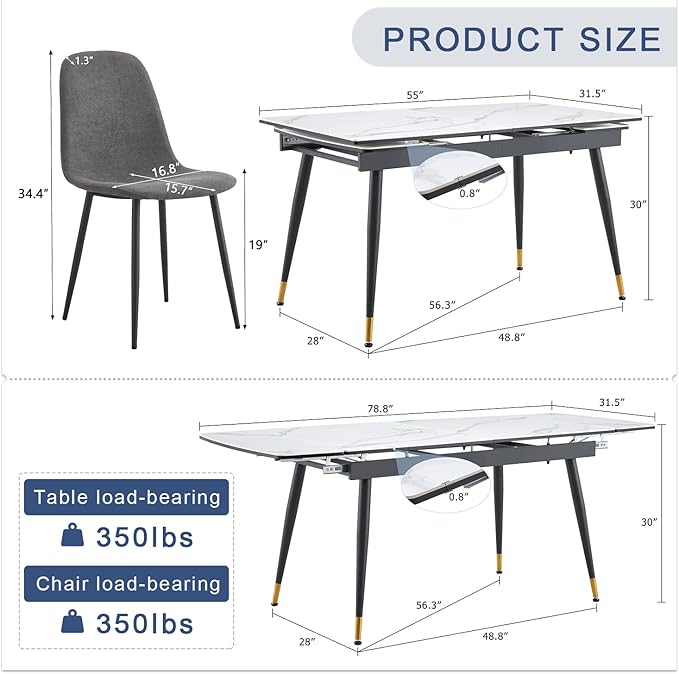 Extendable Dining Table Set for 8, 55'' to 78.8'' Rectangular Thickened Sintered Stone Kitchen Table with 8 Upholstered Chairs, Modern Space Saving 9-Piece Dinner Table Set