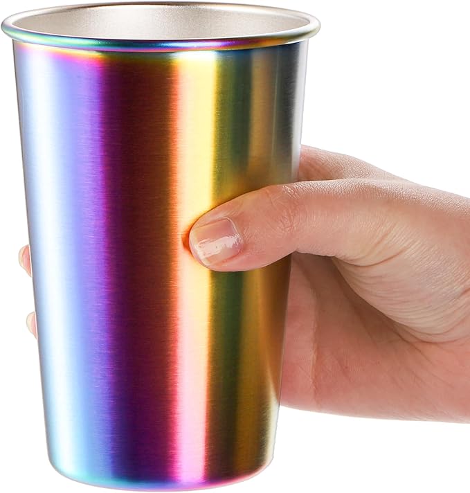 Tosnail 6 Pack 16 oz Stainless Steel Pint Cups Metal Cups Unbreakable Drinking Glasses Water Tumblers for Kids, Adults Indoor and Outdoor Use - Rainbow