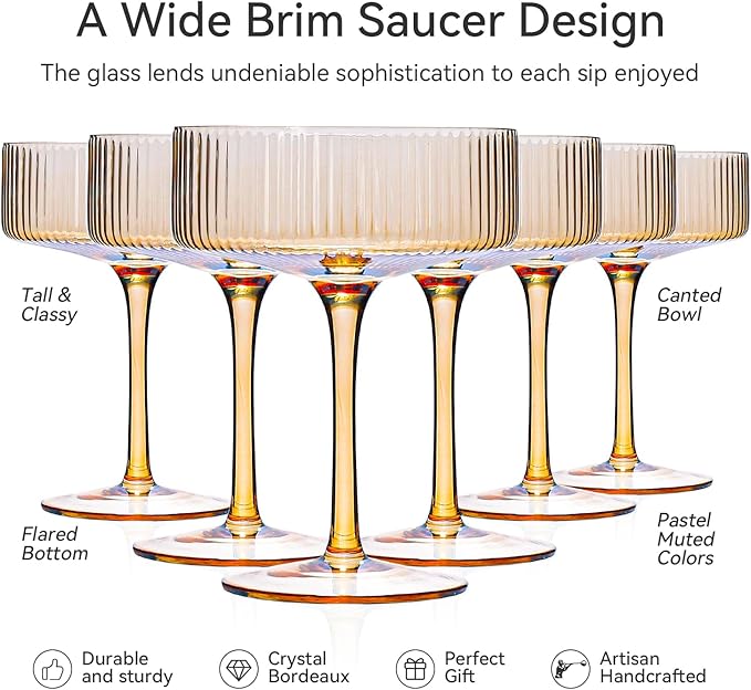 Amber martini glasses Vintage Art Deco Amber Coupe Glasses Set of 6 Ribbed Martini Cocktail Glasses 9 oz|Vintage Cocktail Glasses Set,Unique Pink Coupe Glass, Classic Cocktail Galssware
