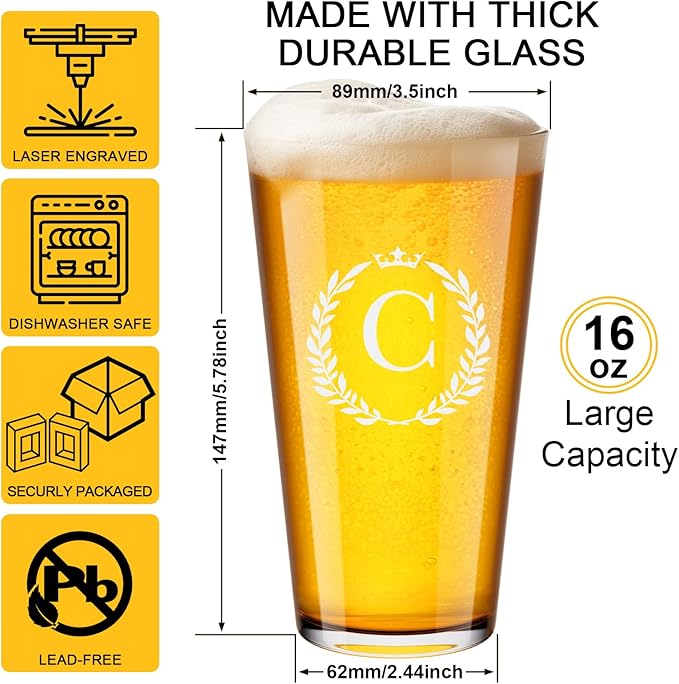 Personalized Beer Glasses Gifts for Men, 16 oz Pint Glasses Monogrammed A-Z Drinking Glass Cups Customized Gift, Unique Christmas Anniversary Birthday Gifts for Men Him Dad Brother Husband Grandpa (C)