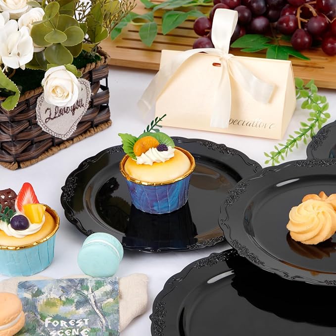 DaYammi 36PCS Black Plastic Plates, Heavy Duty Black Disposable Plates Premium 7.5 inch Dessert Cake Salad Appetizer Platos Hard Plastic Platos Disposable for Party