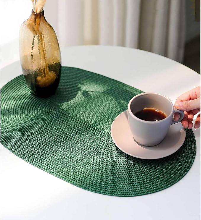 FunWheat Oval Braided Placemats Set of 8 Table Mats for Dining Tables Washable Heat Resistant Place Mats for Indoor Outdoor Use 12 x18 Inch(Oval Black Green, 8pcs)