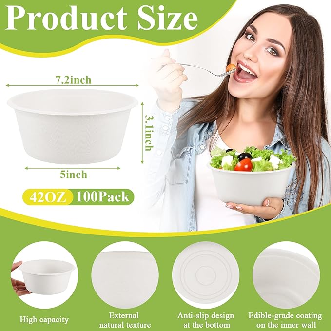 Tessco for you 100 Pack 42 oz Large Disposable Salad Bowls Deep Heavy Duty Paper Bowls Sugarcane Fiber Compostable Biodegradable Microwave Safe for Hot Cold Soup Ramen Popcorn Pasta(White Color)