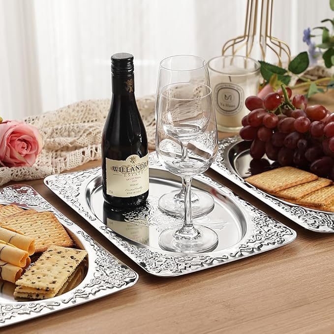 4-Pack Small Silver Serving Trays Set - ZENOVLUX Oval Vintage Engraved Mirror Decorative Tray, 11.4" x 7" Party Platters for Valentine's Day, Food, Appetizer, Charcuterie, Cookies, Desserts
