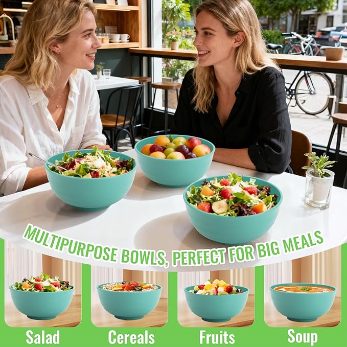 60 OZ Large Salad Bowls, Wheat Straw Camping Bowl Set of 6, Unbreakable Plastic Serving Bowls, Microwave & Dishwasher Safe Large Dinner Bowl for Kitchen & Outdoor, Green