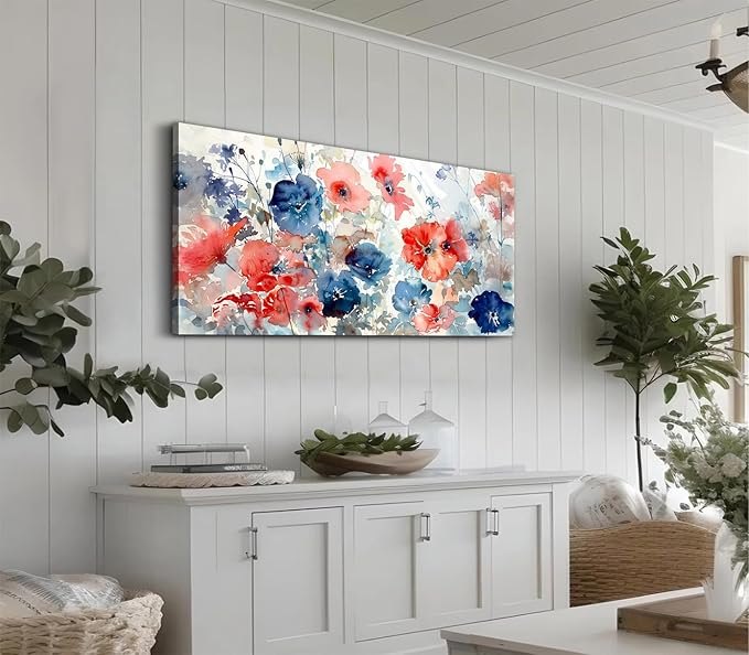 ADJUVANT Wall Art Watercolor Vibrant Floral 48"L x 24"W, Colorful Poppies With Soft Hues Canvas Painting Lively Blooms Artwork Delicate Tones Prints Wall Decor for Living Room Bedroom Bathroom Home Office