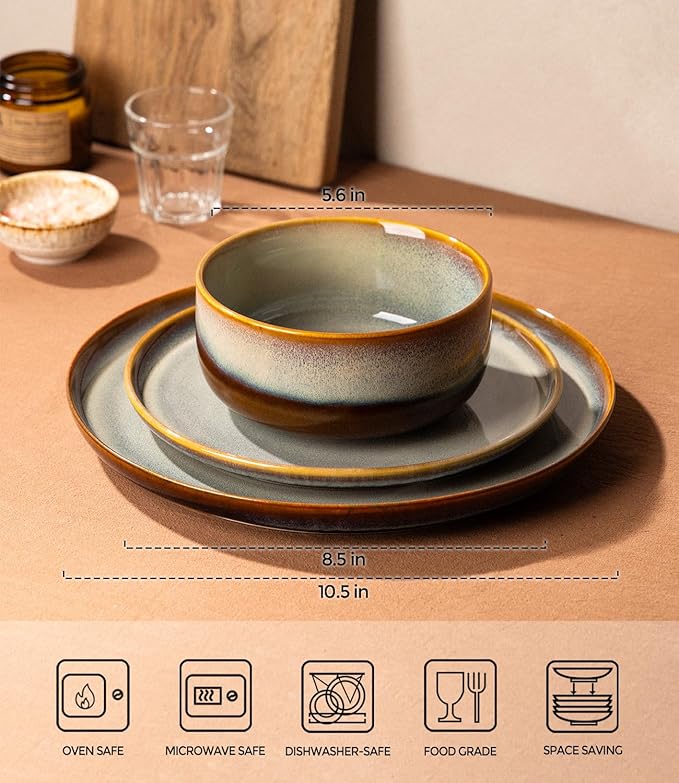 TheTerra Ceramic Dinnerware Sets for 4, 12 Pieces Handmade Reactive Glaze Plates and Bowls Set, Scratch Resistant Dish Set, Oven & Microwave & Dishwasher Safe, Dusk Blue