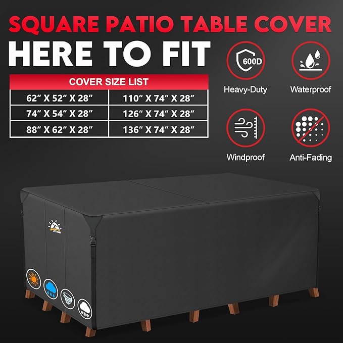 Zettum Patio Furniture Cover Rectangle - 74 Inch Outdoor Table Cover Waterproof & Heavy Duty, 600D Lawn Furniture Set Covers for Outside Rectangular Dining Table and Chairs Combo - 74 x 54 x 28 Inch