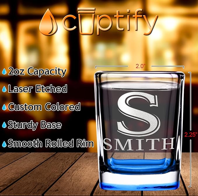 Personalized Shot Glasses Set of 4 Initial and Name 2oz Blue Bottom Etched Square Shot Glass Engraved with Custom Text Birthday Gift for Men and Women