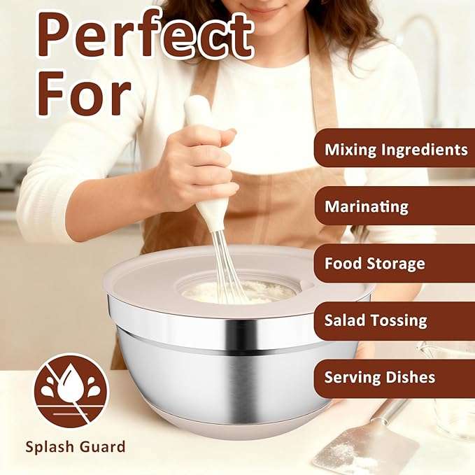 9 Pack Mixing Bowls with Airtight Lids Set, Stainless Steel Mixing Bowls with Grater Attachments, Nesting Kitchen Bowl Set with Non-Silp Bases, Size 7, 4, 3, 2, 1.5,1QT, Khaki
