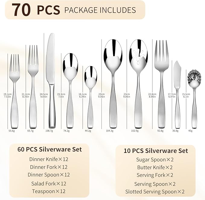 70-Piece 18/10 Stainless Steel Flatware Set for 12 with 2 Sets of Serving Utensil, Heavy Duty Silverware Set, High End Flatware, Dishwasher Safe, Ideal for Gift