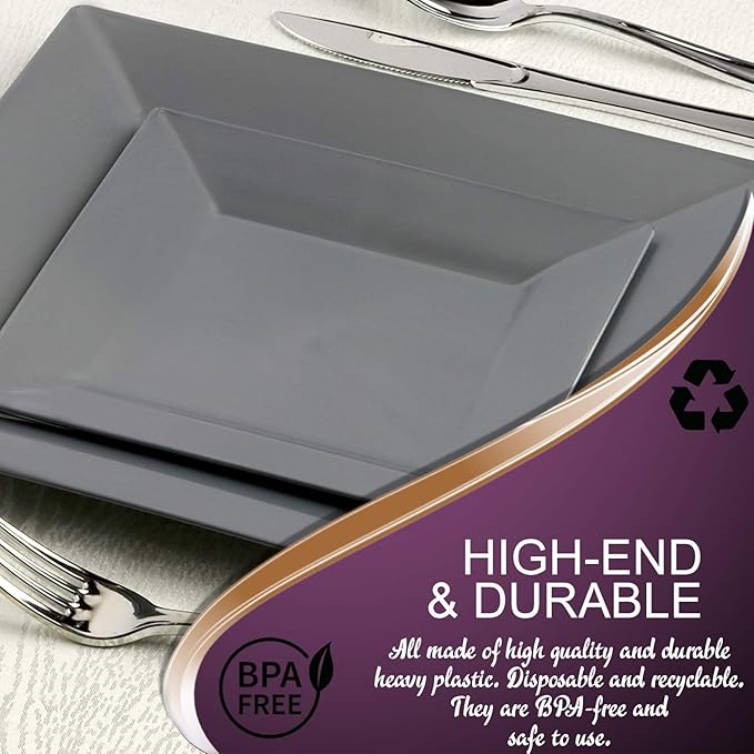 Disposable Plastic Dessert Plates -120 Plates -Heavy Duty Square Silver Salad Plates- 6.5" Appetizer Cake Plates Bulk Party Supplies For All Occasions