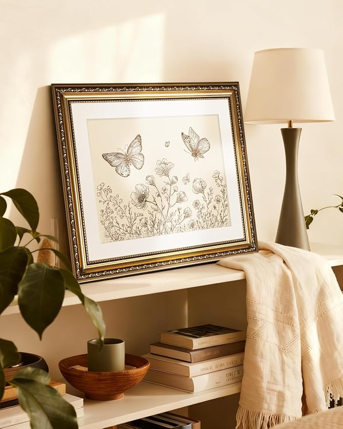 InSimSea Gold Picture Framed Wall Art, Vintage Butterflies Nursery Wall Decor, Neutral Wildflowers Botanical Canvas Print Art, Home Farmhouse Decor, Antique Paintings with Frame 13x16inch