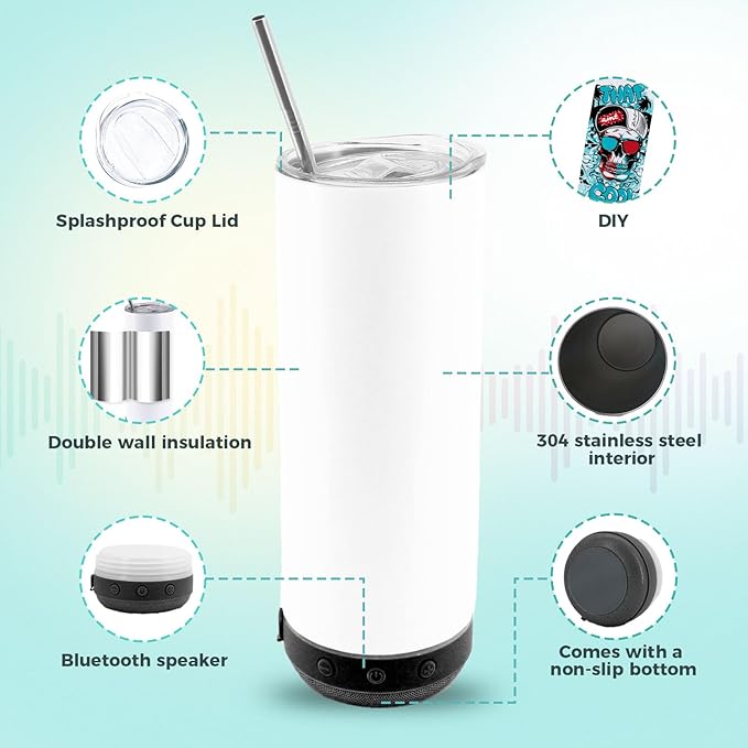 20oz 1pack sublimation Music Speaker Tumbler Blank Bulk Black with Glow Green,Straight music mug with straw, lid, straw brush,Reusable Travel Coffee Mug For Men and Women