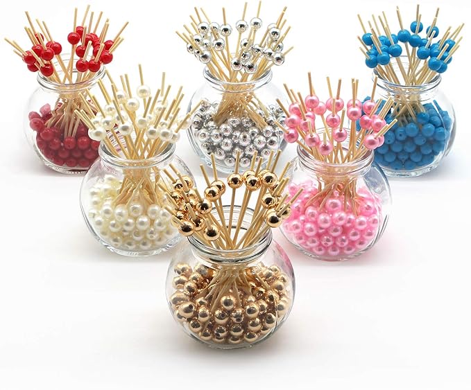 Minisland Sky Blue Pearl Cocktail Picks, 4.7 Inch Long Bamboo Fancy Toothpicks for Appetizers, Decorative Baby Shower Birthday Party Food Drink Garnish Fruit Kabob Skewer Sticks 100 Counts - MSL154