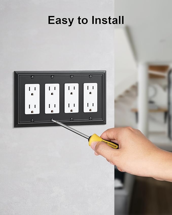 2-Pack Quad Decorator Wall Switch Cover, Black Decorative Switch Plates and Outlet Covers, Natural Bamboo Fiber 4 Gang Wall Plate for Electrical Outlets, Receptacle, GFCI Outlet, Dimmer Switch