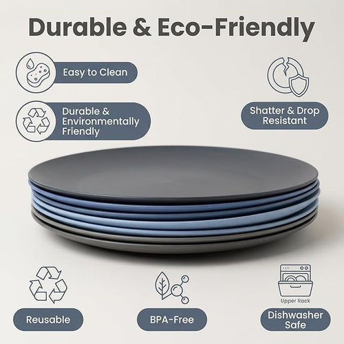 10 inch Wheat Straw Plate, Unbreakable Flat Dinner Plates Set of 8, BPA Free Dishwasher & Microwave Safe Reusable Salad, Camping for Kids Kitchen (Grey Stone)
