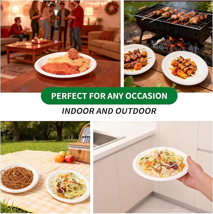 Aricsen 50 Pack 9 Inch Compostable Disposable Round Paper Plates, Natural White Biodegradable Sugarcane Bagasse PFAS-Free Eco-Friendly Dinner Plates for Party Wedding Picnic BBQ (50, 9 INCH)