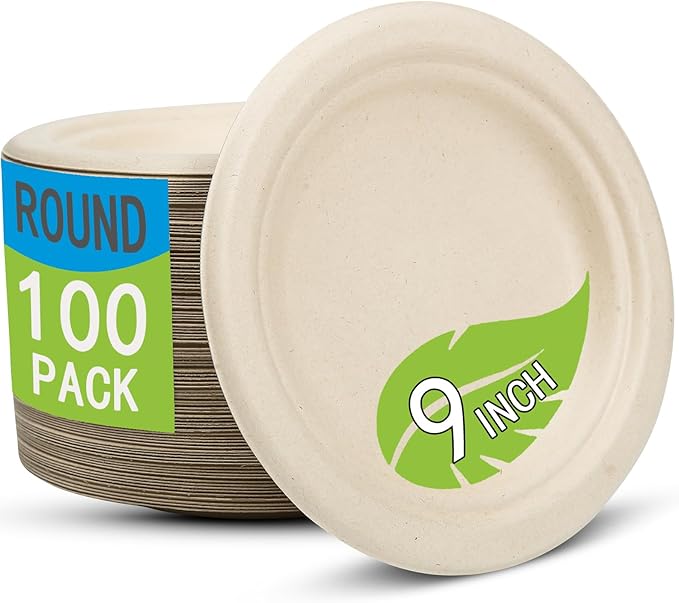 Disposable Plates 100% Compostable Heavy Duty - 9 Inch paper plates bulk for Party, Dinner, Cake, Dessert, Snacks Eco-Friendly Brown