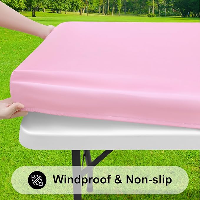 Smiry Rectangle Tablecloth, Elastic Fitted Flannel Backed Vinyl Tablecloths for 8ft Folding Tables, Waterproof Wipeable Table Covers for Valentine's Day, Outdoor, Picnic and Camping (Pink, 30"x96")