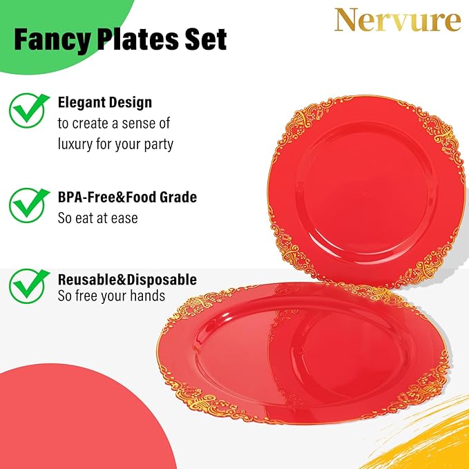 Nervure 175PCS Red Plastic Plates - Disposable Red Gold Party Plates & Pre Rolled Napkins with Cutlery for 25 Guests, 50Plates, 75Silverware, 25Cups, 25Napkin for Wedding & Party & Independence