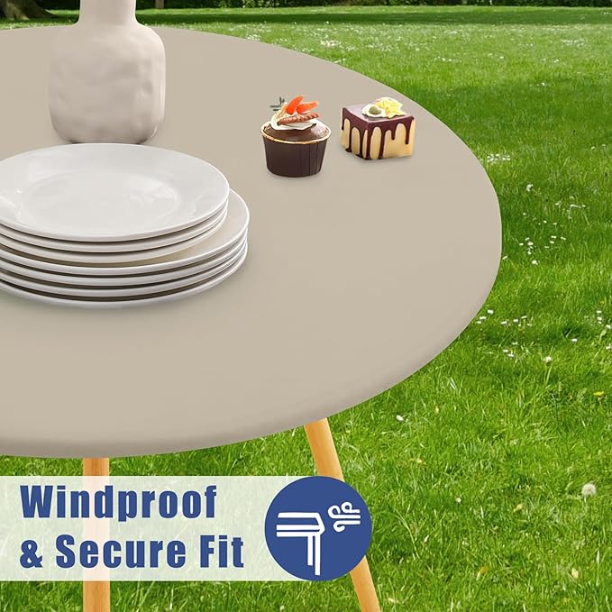 Round Spandex Tablecloth 2 Pack, Elastic Fitted Waterproof Tablecloths for 45"-56" Tables, Stretch Washable Picnic Table Cover for Camping, Dining, Indoor and Outdoor, Taupe