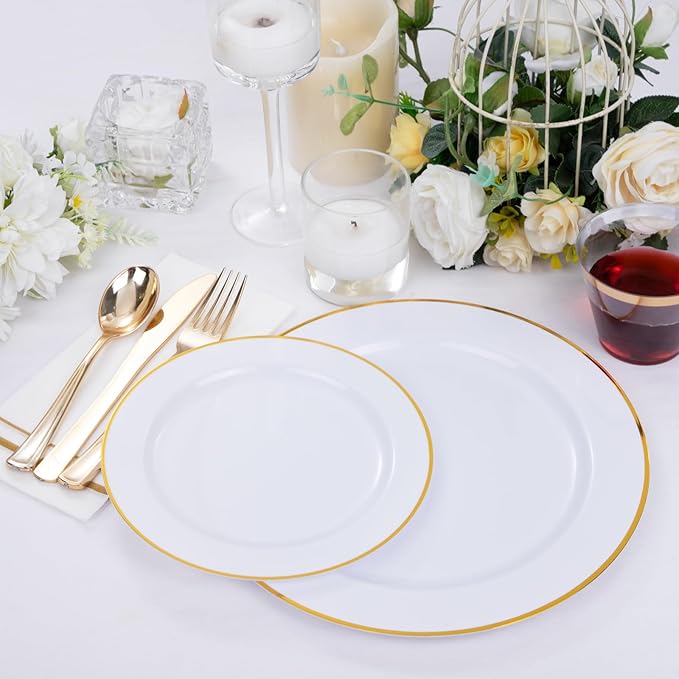 SUT 175 PCS Plastic Plates, 175 Pieces Disposable Heavy Duty for 25 Guests, White Gold Geometric Pattern Dinner Plates with Napkins and Cups, BPA Free