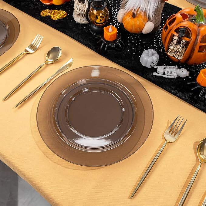I00000 200 Pcs Clear Black Plastic Plates, Black Disposable Party Halloween Plates Include 100 Dinner Plate 10’’ and 100 Dessert Plate 7’’ Perfect for Wedding, Party & Halloween
